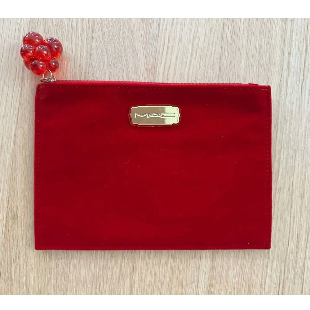MAC Cosmetics Red Makeup Bag Travel Pouch Velvet Mini Clutch 8” X 5.75”